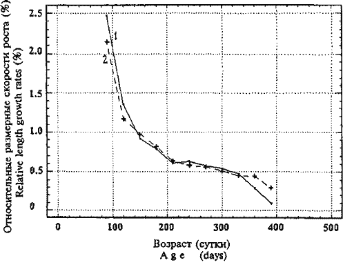Кривые относительных размерных приростов крупноразмерных самок Sthenoteuthis oualaniensis, рассчитанные обоими методами Кривые относительных размерных приростов крупноразмерных самок Sthenoteuthis oualaniensis, рассчитанные обоими методами