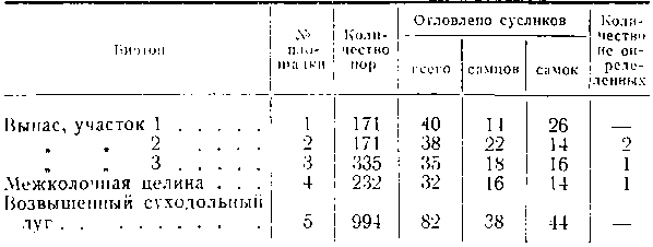 Численность сусликов по результатам отлова капканами на одногектарных площадях (окр. Завьялова н Доронино)