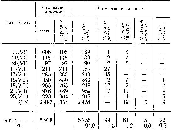 Численность мокрецов в Карасукском районе Новосибирской области в 1962 г. (по учетам сачком около человека, в среднем на 1 учет)