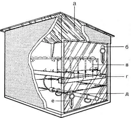 Инкубатор: а) смотровое окно; б) термометр; в) лист пенопласта с отверстиями для вентиляции яиц; г) опора; д) обогреватель; е) водный термометр Инкубатор: а) смотровое окно; б) термометр; в) лист пенопласта с отверстиями для вентиляции яиц; г) опора; д) обогреватель; е) водный термометр