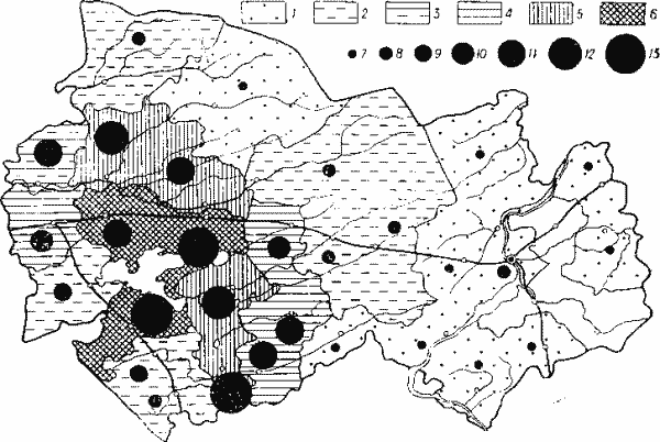 Распределение заготовок шкурок ондатры по административным районам. Средние годовые заготовки шкурок ондатры (данные за 1951—1962 гг., тыс. шт.).