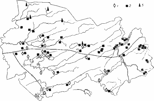 Распространение степной (1) и лесной мышовок (2) и лесного лемминга (5)