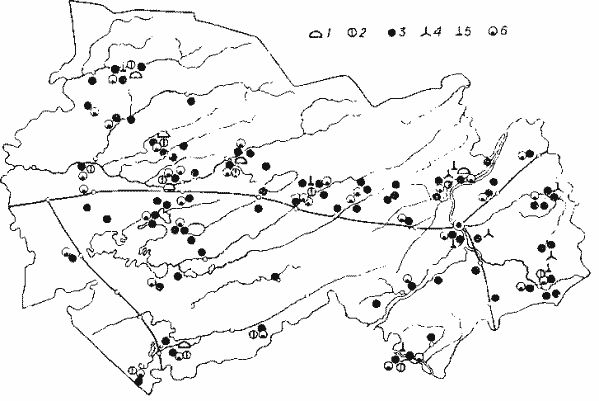  Распространение серой крысы (1), домовой (2), полевой (5), азиатской лесной (4), обыкновенной (5) мышей и мыши-малютки (6)