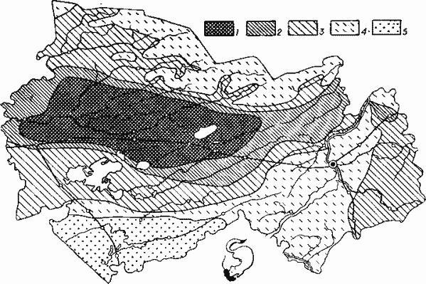 Размещение и численность горностая (плотность выражается количеством горностаев, добываемых на площади в 100 тыс. га).