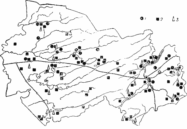 Распространение рыжей (1), красной (2) и красно-серой (3) полевок.