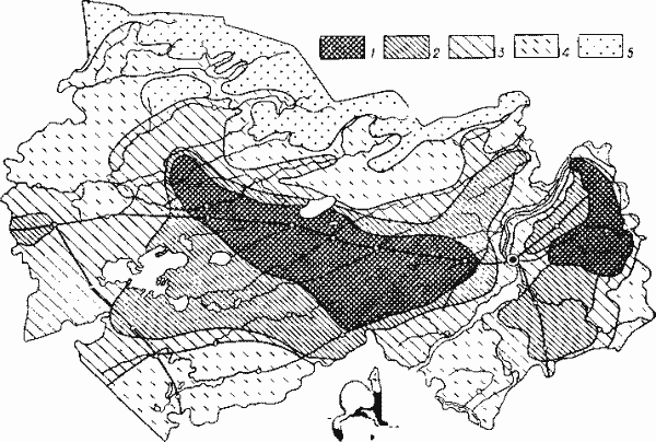 Размещение и численность светлого хорька (плотность выражается количеством хорьков, добываемых на площади в 100 тыс. га).
