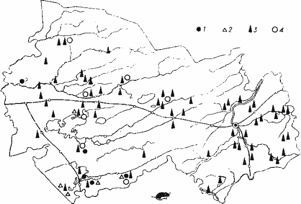 Распространение обыкновенной слепушонки (1), степной пеструшки (2), узкочерепной (3) и обыкновенной (4) полевок.