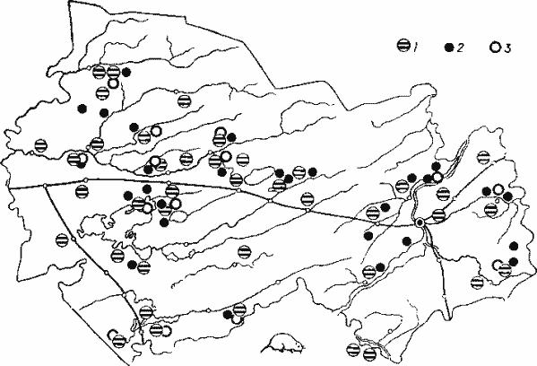 Распространение водяной крысы (1), темной полевки (2) и полевки-экономки (3).