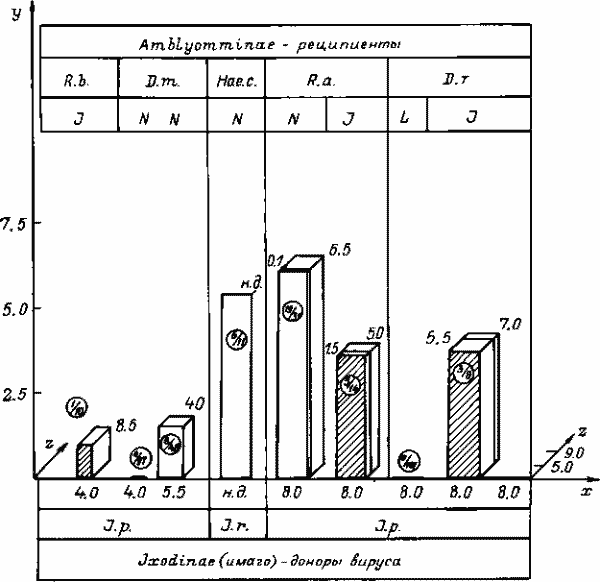 Дистантная передача вируса КЭ от клещей рода Ixodes клещам подсем. Amblyomminae